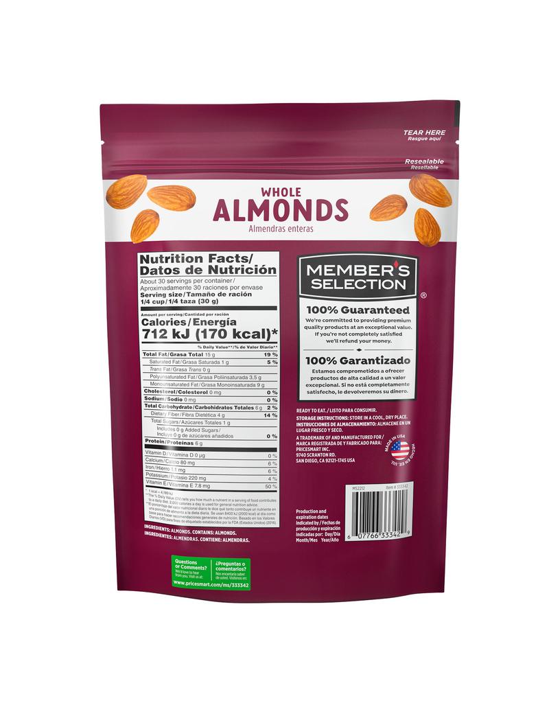 Member's Selection Almendras Enteras - Snack Saludable 907 g / 32 oz - Imagen 2