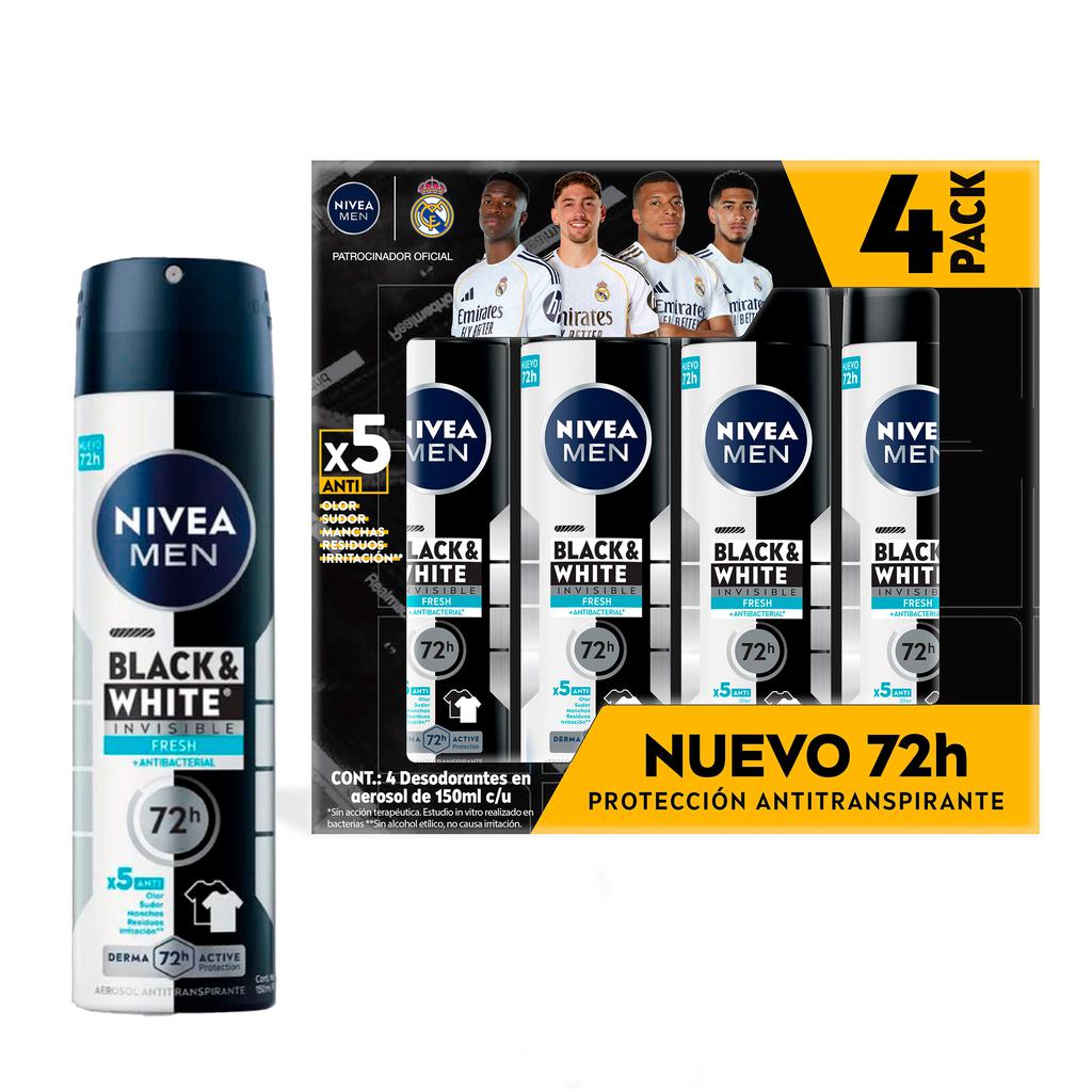 Nivea Black & White Desodorante en Spray para Hombre 4 Unidades / 150 mL