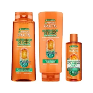 Combo Garnier Fructis Borrador De Daño Control Grasa Shampoo 350ml + Acondicionador 350ml + Crema Para Peinar 300ml
